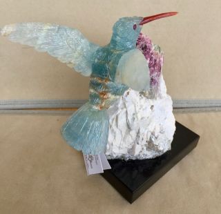 Blue Calcite Hummingbird on Tourmaline 6 1/4 