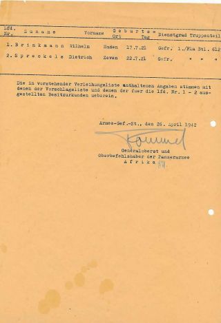 Erwin Rommel - Signed 1942 German Document