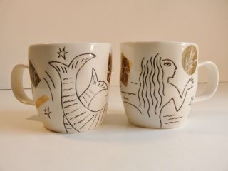 Starbucks Coffee Mugs Set Of 2 Mermaid Siren 2013 Anniversary Gold Accents