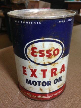 Esso Extra Motor Oil Full 1 Quart Metal Can No.  3 Sae 20w - 30 Hd Humble Oil Al Top