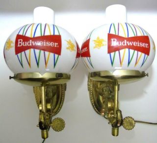 Rare Pair Budweiser Beer Lighted Wall Sconce Light Lamps Glass C1958 - 60