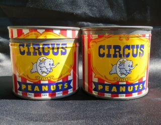 2 Vintage Circus Peanuts Tin Cans With Lids 1954 Colorful Collectible Tin Cans
