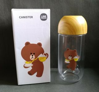 Hk Line Friends Brown Bear 21.  5cm X 9cm Glass Container Jar Canister W Cup Lid