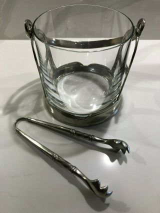 Match Italian Pewter Ice Bucket With Swinging Handle And Glass Insert And Tongs