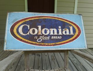 Vintage Colonial Bread Metal Gas Oil Farm Feed Store Sign