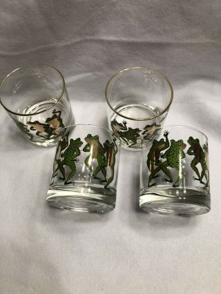Set Of 4 Mid - Century Modern Couroc Dancing Frogs Lowball Rocks Glass 8 Oz