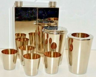 Double Tin Lined 15 Oz.  Metal Flasks,  2 Metal Cups,  Shaker Top & 4 Shot Glasses
