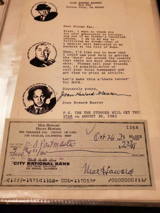 Moe Howard Three Stooges Autograph - Signed Check With Letter.
