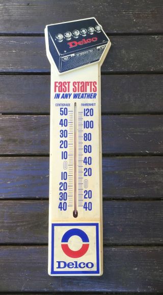 35 " Vintage Gm Ac Delco Fast Starts Battery Gas Oil Advertising Thermometer Sign
