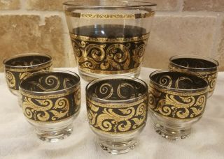 Vintage Culver,  Ltd Glass Ice Bucket Black & Gold " Ebony Baroque " & 5 Glasses