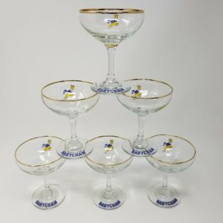 Set Of 6 Vintage Babycham Champagne Glass Coupe 1960s Gold Rim Deer Fawn Barware