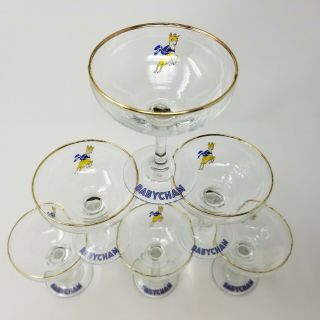 Set of 6 Vintage Babycham Champagne Glass Coupe 1960s Gold Rim Deer Fawn Barware 2