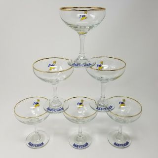 Set of 6 Vintage Babycham Champagne Glass Coupe 1960s Gold Rim Deer Fawn Barware 6