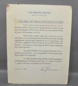 Historic To The Men & Women Berlin Airlift Signed Letter Harry Truman 12/21/1948