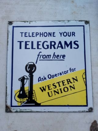 C1900 Western Union Sign Telegram Office Candle Stick Telephone Sign Porcelain