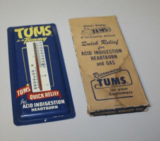 Antique Advertising Metal Thermometer Tums For The Tummy With Box