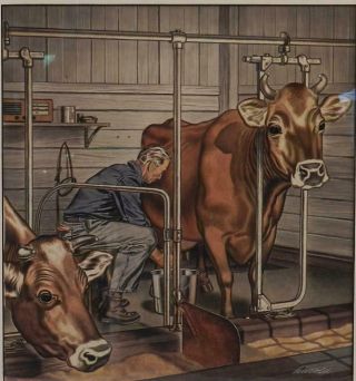 Watercolor Painting Milking Parlor Dairy Farmer & Jersey Cows Howard