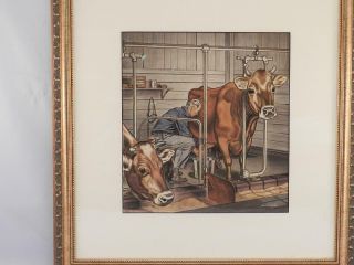 Watercolor Painting Milking Parlor Dairy Farmer & Jersey Cows HOWARD 2