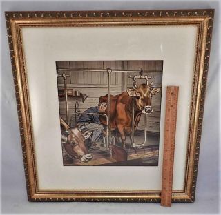 Watercolor Painting Milking Parlor Dairy Farmer & Jersey Cows HOWARD 3