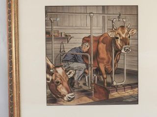 Watercolor Painting Milking Parlor Dairy Farmer & Jersey Cows HOWARD 4