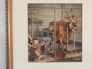 Watercolor Painting Milking Parlor Dairy Farmer & Jersey Cows HOWARD 5