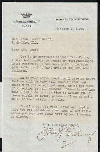 John J Pershing,  General Us Army,  Letter With Signature