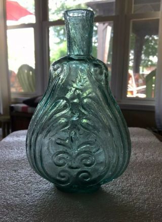 Antique Blown Mold Bottle Tree Motif Scarce Mold Aqua / Ice Blue 6”