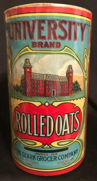 Vintage 1900s University Brand Rolled Oats Container 3lb Box Graphics