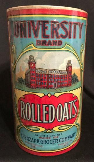 Vintage 1900s University Brand Rolled Oats Container 3lb Box Graphics 3