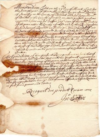 1695,  Taunton,  Mass. ,  Judge John Saffin Signed Bond,  Breaking Up A House