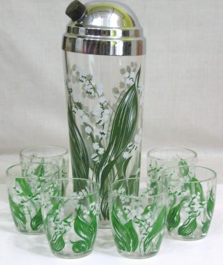 Vintage Cocktail Shaker Six Glasses With Lily - Of - The - Valley Decor 1960s