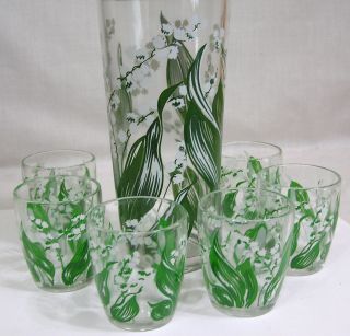 Vintage Cocktail Shaker Six Glasses with Lily - of - the - Valley Decor 1960s 2