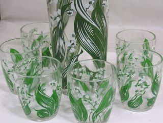 Vintage Cocktail Shaker Six Glasses with Lily - of - the - Valley Decor 1960s 3