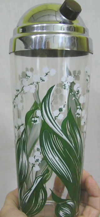 Vintage Cocktail Shaker Six Glasses with Lily - of - the - Valley Decor 1960s 4
