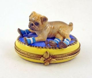 French Limoges Trinket Box Cute Pug Dog Puppy In Booties On Blue Rug