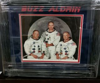 Framed Apollo 11 Crew Neil Armstrong,  Collins & Signed By Buzz Aldrin Jsa