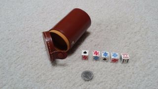 Vintage Real Hide Leather Dice Cup (made In England),  With 5 Colored Poker Dice