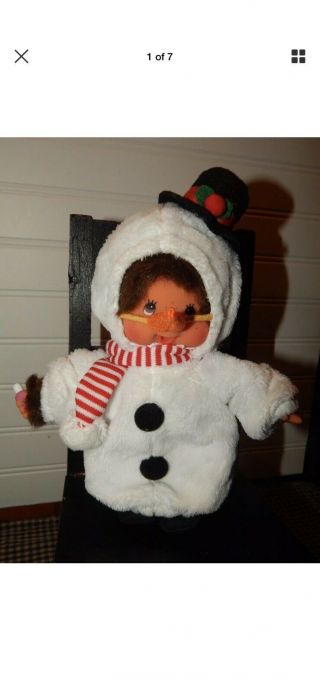 8 " Monchichi Monkey Dressed As Snowman Sekiguchi Doll W/ Bottle In Hand Euc Htf