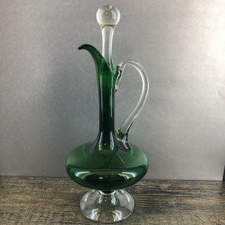Vintage Mid Century Modern 16” Emerald Green Glass Decanter Liquor Barware Mcm