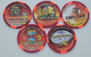 Set Of 5 Lady Luck $5 Casino Chips Las Vegas Nevada H&c Paul - Son 1995 - 1996