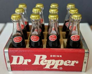 Dr Pepper Miniature Wooden Case 12 Pack.  Glass Bottles,  Full W/ Metal Caps Ex.