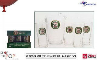 Vb Victoria Bitter Jug Pitcher,  4 X Washington Beer Glasses 425ml 1990 