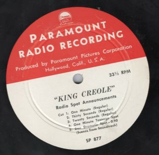 Elvis Radio Spot Announcements Paramount Rec King Creole 12 " With Cue Sheets