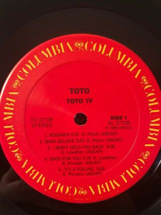 1982 Toto IV LP Album Vinyl Columbia Records FC 37728 EX/EX 2