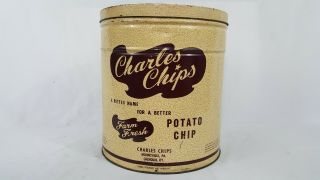 Vintage Musser ' s Charles Chips Tins x2 Small 16 oz,  Large 3 lb Potato Chip Tins 2