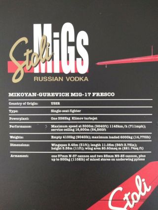 Stoli Migs Russian Vodka Mig 17 Fresco Advertisement 2001 Colorplak 2
