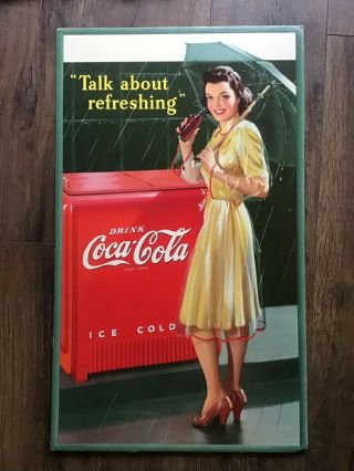 Vintage 1942 Coca Cola Coke Cardboard Sign Girl In Rain Soda Advert