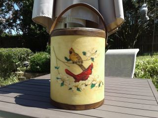 Vtg The Bacova Guild Cardinals Art Fiberglass Ice Bucket W/ Wooden Lid