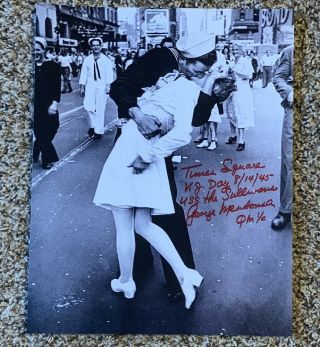 George Mendonsa Signed Kissing Sailor Wwii 11x14 Photo Vj Day Times Square Auto