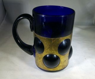 Vintage Mid Century Modern Caged Imprisoned Glass Mug Cobalt Blue Bubble Brass